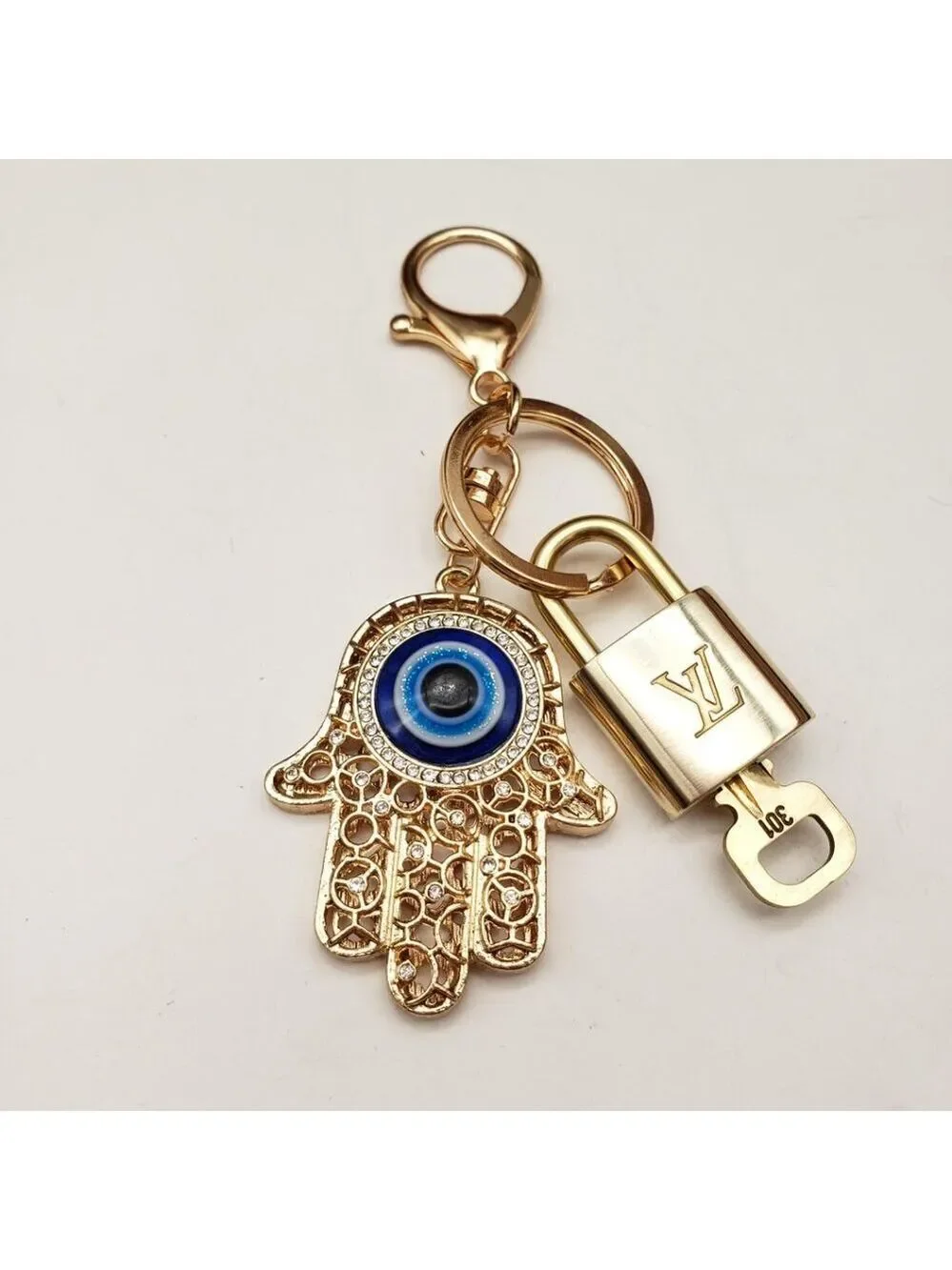 LV Authentic Gold Padlock 🔒 Key Set w/ Unbranded Evil Eye Keychain Charm